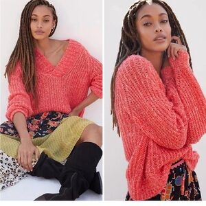 Anthropologie Honore Wool Blend Coral V Neck Chunky Knit Cropped Sweater